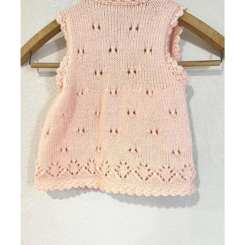 Toddler Girl Knitted Vest Pink String Closure String Eyelets Openwork Lace